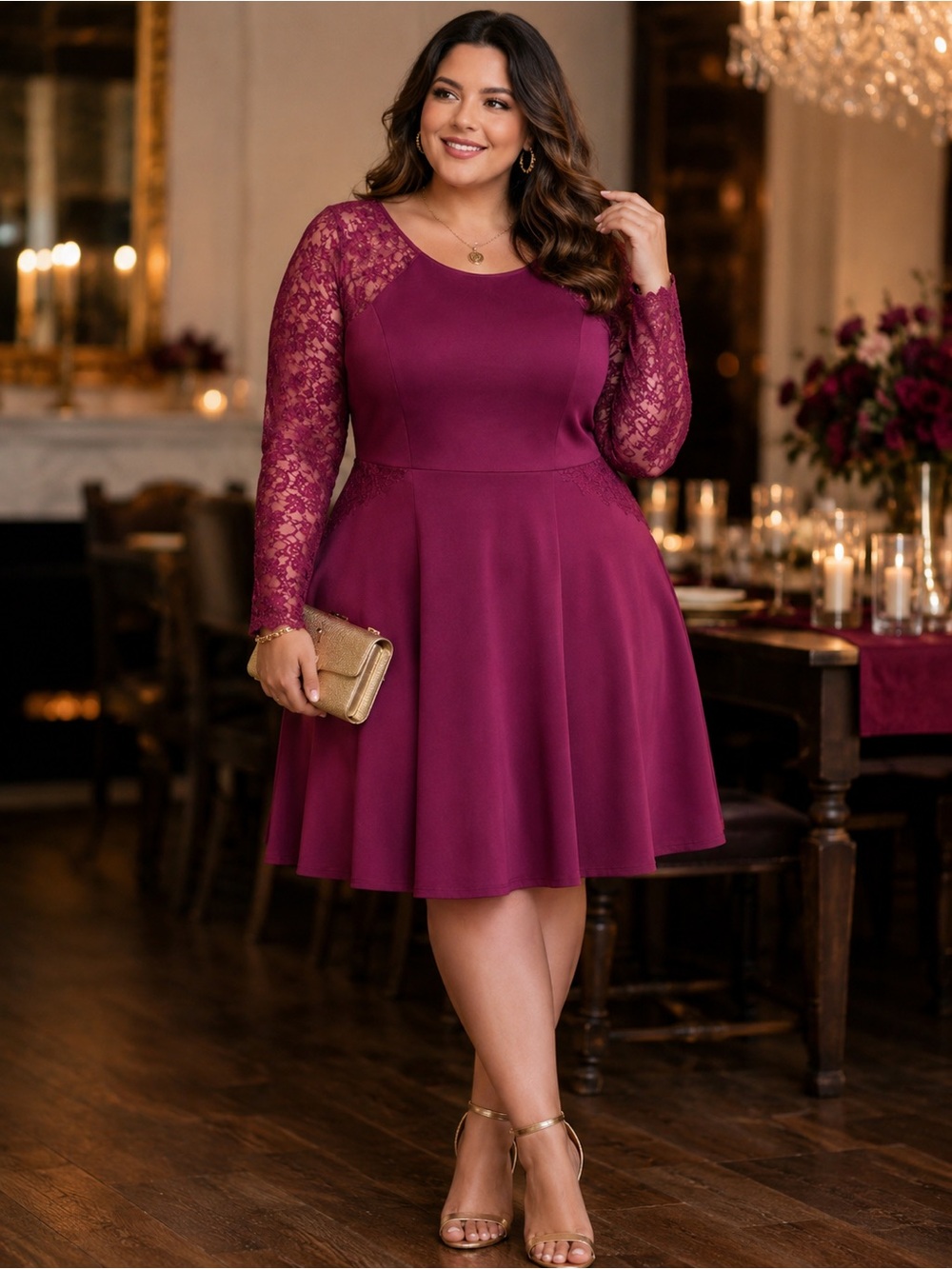 Addition Elle Plus Size 3X Wine Lace Long-Sleeve Fit-and-Flare Dress BNWT